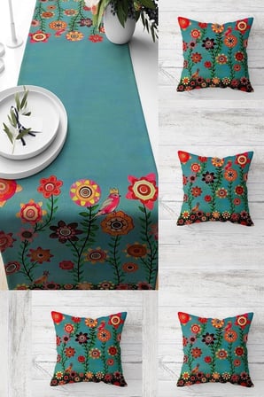 Pelangi Yaz Evi Desenli Patchwork Masa Değişik Ranır Modelleri Dekoratif 4'lü Kırlent Kılıfı Runner Seti, Kiremit 45 x 45