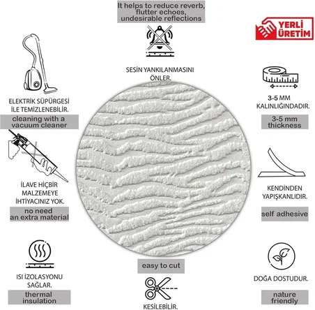 3D Kendinden Yapışkanlı Duvar Kağıdı Yeni Nesil Akustik Keçe Panel Desenli 52x98 cm (Beyaz, 2 Adet 1 m²)