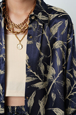 Kadın Lacivert - Krem Renk Desenli Oversize Kesim Gömlek