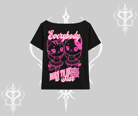 Born to Be a Star Yazılı Sevimli Kedi Arka Baskılı Kayık Yaka Tshirt