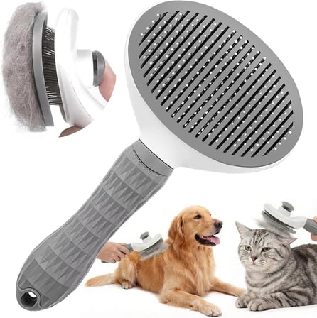 Kendini Temizleyen Kedi Köpek Tarağı - Basma Tuşu Mekanizmalı Otomatik Temizlenen Tüy Toplama Fırçası - Cilt Dostu Çelik İğne - Kaymaz Ergonomik Sap - Uzun Kısa Tüyler İçin - Füme