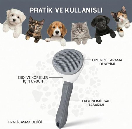 Kendini Temizleyen Kedi Köpek Tarağı - Basma Tuşu Mekanizmalı Otomatik Temizlenen Tüy Toplama Fırçası - Cilt Dostu Çelik İğne - Kaymaz Ergonomik Sap - Uzun Kısa Tüyler İçin - Füme