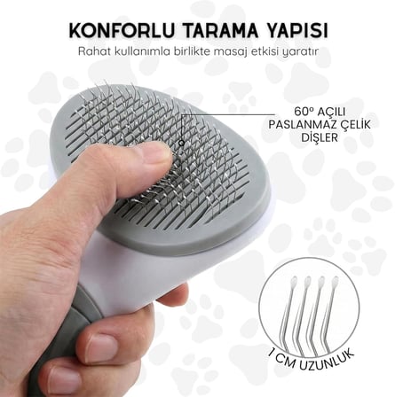 Kendini Temizleyen Kedi Köpek Tarağı - Basma Tuşu Mekanizmalı Otomatik Temizlenen Tüy Toplama Fırçası - Cilt Dostu Çelik İğne - Kaymaz Ergonomik Sap - Uzun Kısa Tüyler İçin - Füme