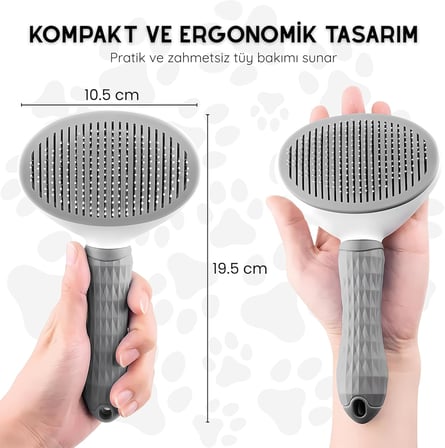 Kendini Temizleyen Kedi Köpek Tarağı - Basma Tuşu Mekanizmalı Otomatik Temizlenen Tüy Toplama Fırçası - Cilt Dostu Çelik İğne - Kaymaz Ergonomik Sap - Uzun Kısa Tüyler İçin - Füme