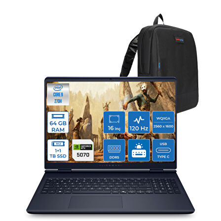 Dell Alienware 16 Aurora Intel Core 9-270H Aı 64GB GB 1tb Ssd+1tbssd 8GB/RTX5070 Gddr7 115W 16" 2.5k 2560 x 1600 Wqxga 120Hz  Freedos Gaming Laptop WAC16250-C932157F28+ZETTAÇANTA
