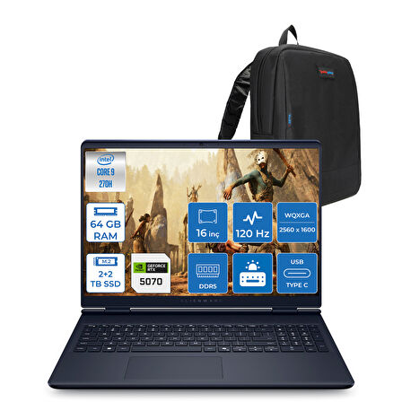 Dell Alienware 16 Aurora Intel Core 9-270H Aı 64GB GB 2tb Ssd+2tb SSD 8GB/RTX5070 Gddr7 115W 16" 2.5k 2560 x 1600 Wqxga 120Hz  Freedos Gaming Laptop WAC16250-C932157F30+ZETTAÇANTA