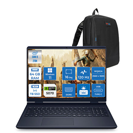 Dell Alienware 16 Aurora Intel Core 9-270H Aı 64GB GB 1tb Ssd+1tbssd 8GB/RTX5070 Gddr7 115W 16" 2.5k 2560 x 1600 Wqxga 120Hz  WIN11PRO Gaming Laptop WAC16250-C932157P28+ZETTAÇANTA