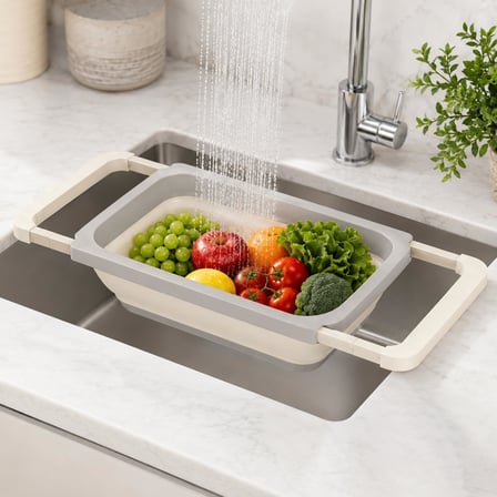 Ayarlanabilir Katlanır Lavabo Süzgeci, 6,3 Litre, Plastik ve Silikon, Aç Kapa Mutfak İçin Tezgah Üstü Pratik Sürgülü Süzgeç, Gıda İle Temasa Uygun, BPA İçermez (Bej)