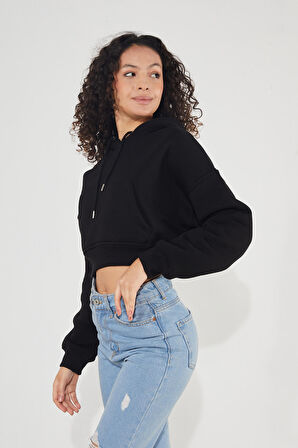 Twenty3 Kadın Kapüşonlu Kanguru Cepli 3 İplik İçi Polarlı Şardonlu Basic Kalın Crop Sweatshirt