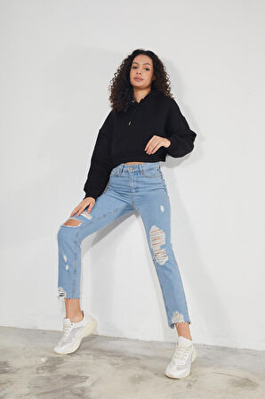 Twenty3 Kadın Kapüşonlu Kanguru Cepli 3 İplik İçi Polarlı Şardonlu Basic Kalın Crop Sweatshirt