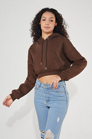 Twenty3 Kadın Kapüşonlu Kanguru Cepli 3 İplik İçi Polarlı Şardonlu Basic Kalın Crop Sweatshirt