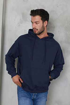 Twenty3  Erkek Oversize Kapüşonlu Kanguru Cepli Ribanalı Uzun Kollu Basic Sweatshirt