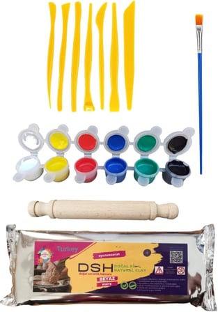 Seramik Hamuru Başlangıç Seti 4-6'lı Boya Seti, 5li Ebeşuar, Merdane, Fırça, 1000gr Doğal Kil Beyaz