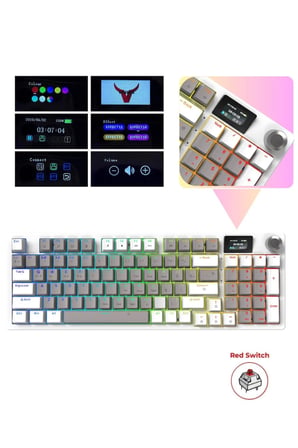 TAARUZ KC1 RGB Kablosuz Mekanik Red Switch Oyuncu Klavyesi LCD Ekranlı Bluetooth 5.0+2.4G USB+Type-C Kablolu Bağlantı | Oyuncu Setup Klavye