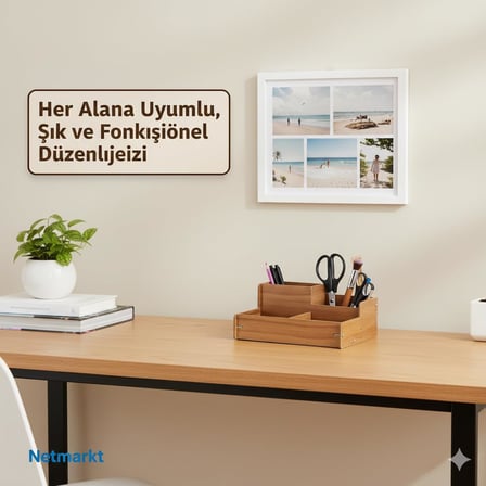 Ahşap Masa Üstü Organizer, Kalem ve Makas Tutucu, Kahverengi Meşe, Ofis Masası Düzenleyici, Çok Bölmeli