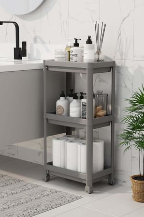 3 Katlı Tekerlekli Raf Ünitesi - Banyo &amp; Mutfak Organizer - Çok Amaçlı Servis Sehpası - Dar Alanlar İçin Pratik Saklama Çözümü (GRİ)