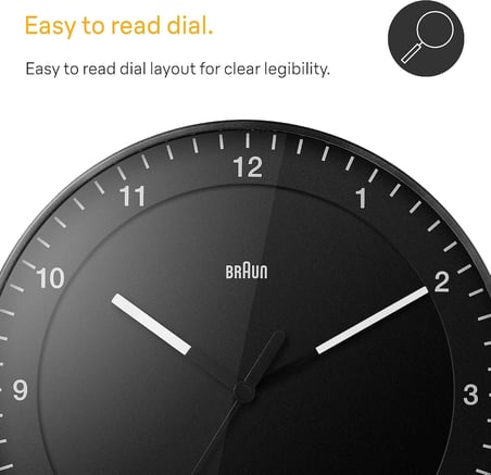 Braun Klasik Büyük Analog Duvar Saati, Sessiz Tarama Hareketi, Kolay Okunabilir, 30 cm Çap, Siyah, BC17B modeli.