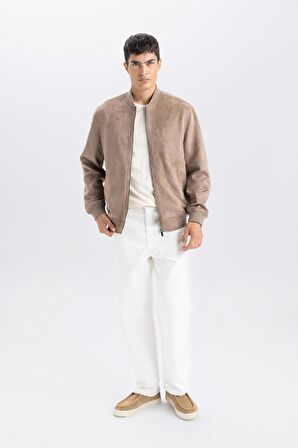 Slim Fit Süet Bomber Mont Ceket Dar Kesim Kolej Yaka Fermuarlı Çift Cepli Mevsimlik Hafif 