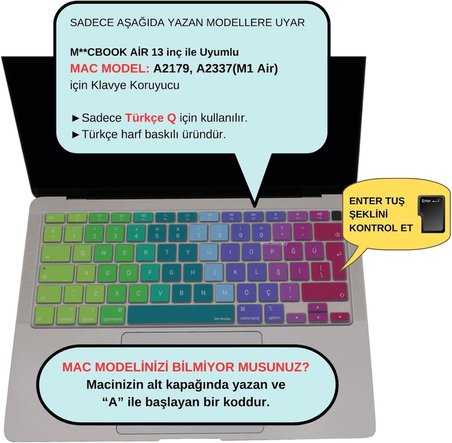 Türkçe Q Klavye Koruyucu MacBook Air 13 A2179 A2337 M1 Uyumlu | UK ISO Ters L Enter | Ultra İnce Silikon Keyboard Cover Pembe Yeşil