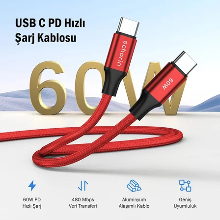 USB C'den USB C'ye 60W, 2.4A, 1m, PD 2.0, Çift Kat Örgülü Hızlı Şarj ve Data Kablosu (Kırmızı, 1 metre)