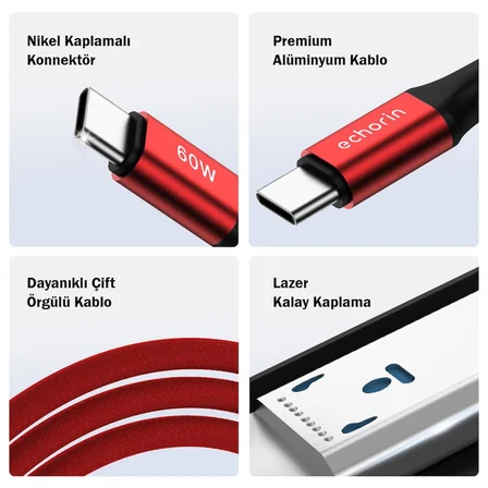 USB C'den USB C'ye 60W, 2.4A, 1m, PD 2.0, Çift Kat Örgülü Hızlı Şarj ve Data Kablosu (Kırmızı, 1 metre)