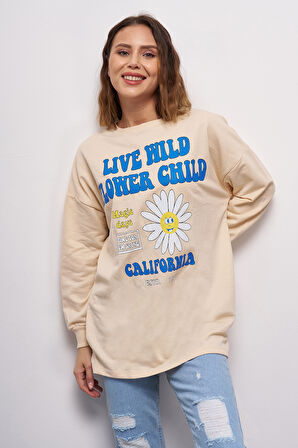 Kadın Düşük Kol Live Wild Baskılı Sweatshirt