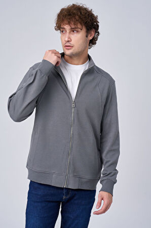 Erkek Dik Yaka Fermuar Kapama Çift Cepli Sweatshirt