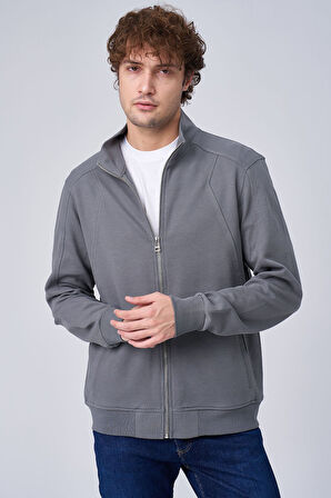 Erkek Dik Yaka Fermuar Kapama Çift Cepli Sweatshirt