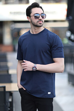 Erkek Bisiklet Yaka Regular Fit Pamuklu T-Shirt Lacivert - 5446