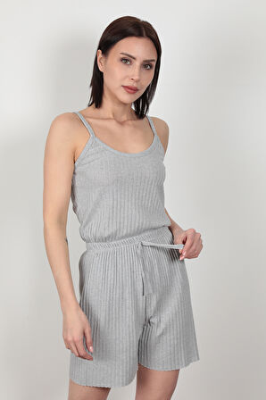 Gri İp Askılı Şortlu Kaşkorse Kadın Pijama Takımı Pamuk Karışımlı Kumaş - 6015