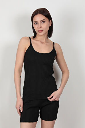 Siyah İp Askılı Şortlu Kaşkorse Kadın Pijama Takımı Pamuk Karışımlı Kumaş - 6015