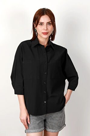 Kadın Çift Cep Detaylı Yarasa Kol Terikoton Gömlek