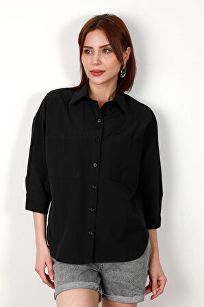 Kadın Çift Cep Detaylı Yarasa Kol Terikoton Gömlek