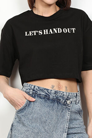 Kadın Let`s Handout Baskılı Crop Top T-Shirt