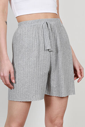 Gri Fitilli Kaşkorse Süs Kuşaklı Kadın Şort Pijama Altı - 6131