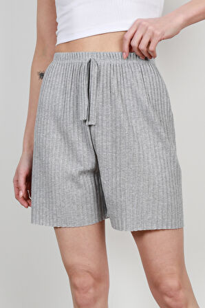 Gri Fitilli Kaşkorse Süs Kuşaklı Kadın Şort Pijama Altı - 6131