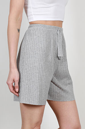 Gri Fitilli Kaşkorse Süs Kuşaklı Kadın Şort Pijama Altı - 6131