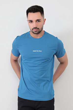 Mavi Erkek Want To Live Baskılı T-Shirt