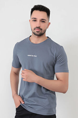 Koyu Gri Erkek Want To Live Baskılı T-Shirt