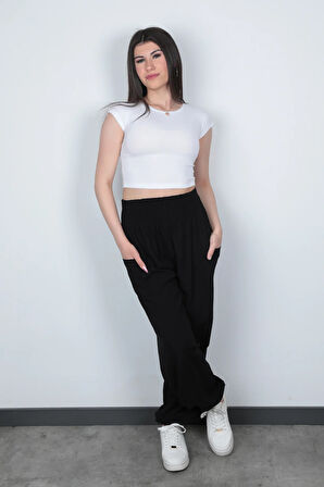 Siyah Kadın Şalvar Yoga Pantolonu Sade Tasarım %100 Viskon Çift Cepli - 2460