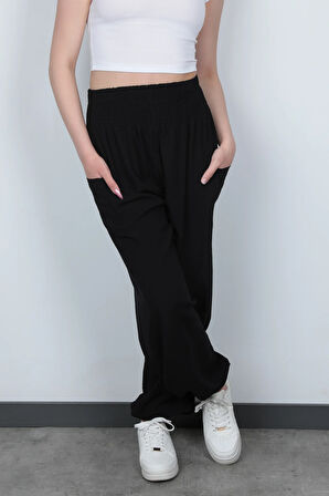 Siyah Kadın Şalvar Yoga Pantolonu Sade Tasarım %100 Viskon Çift Cepli - 2460