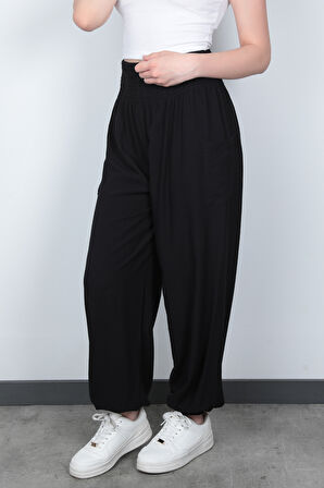 Siyah Kadın Şalvar Yoga Pantolonu Sade Tasarım %100 Viskon Çift Cepli - 2460