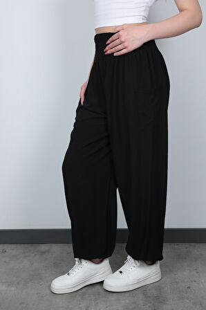 Siyah Kadın Şalvar Yoga Pantolonu Sade Tasarım %100 Viskon Çift Cepli - 2460