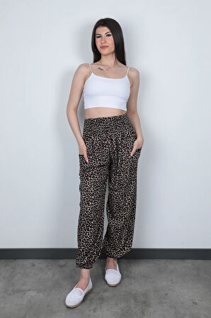 Leopar Desenli Kadın Şalvar Yoga Pantolonu %100 Viskon Çift Cepli - 2460