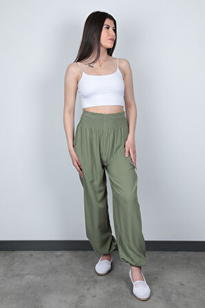 Olive Etnik Desenli Kadın Şalvar Yoga Pantolonu %100 Viskon Çift Cepli - 2460