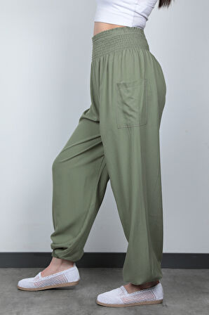 Olive Etnik Desenli Kadın Şalvar Yoga Pantolonu %100 Viskon Çift Cepli - 2460