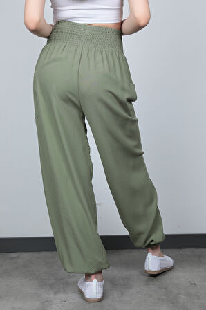 Olive Etnik Desenli Kadın Şalvar Yoga Pantolonu %100 Viskon Çift Cepli - 2460