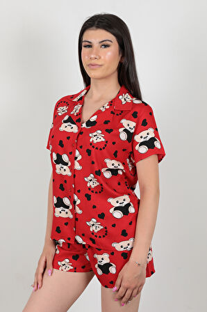 Kırmızı Ayıcıklı Gömlek Yaka Viskon Kadın Şortlu Pijama Takımı - 7050