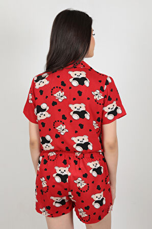 Kırmızı Ayıcıklı Gömlek Yaka Viskon Kadın Şortlu Pijama Takımı - 7050