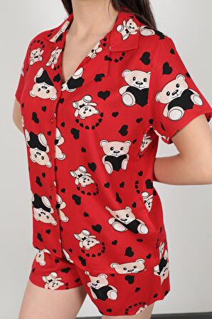 Kırmızı Ayıcıklı Gömlek Yaka Viskon Kadın Şortlu Pijama Takımı - 7050